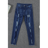 Dark Blue Leopard Patch Distressed Skinny Jeans