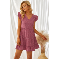 Swiss Dots V Neck Cap Sleeve Ruffle Mini Dress