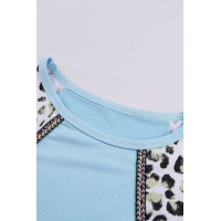 Sky Blue Long Sleeve Top With Leopard Snakeskin Print