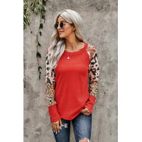 Orange Multi Print Color-block Sleeves Waffle Knit Top