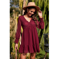 V-Neck Dotted Burgundy Empire Dress