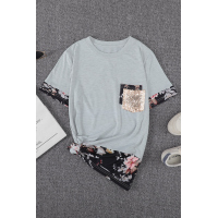 Gray Sequins Accent Floral Splicing Tee