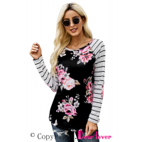 Floral Striped Elbow Patch Baseball Long Sleeve Top