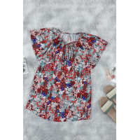 Blue V-neck Short Sleeve Fashion Print Fantasy Fluttering Blouse