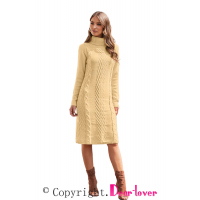 Khaki Hand Knitted High Neck Sweater Dress