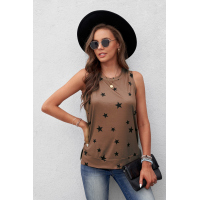 Brown Star Print Knit Tank with Slits