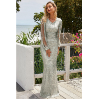 Silver Sequin Fringe Sleeve Prom Maxi Dress