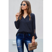 Black V Neck Ruched Tie Sleeve Top