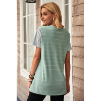 Green Striped Short Sleeve Contrast Color T-Shirt with Pocket