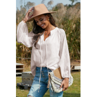 Beige V Neck Lantern Sleeve Textured Solid Top