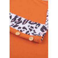 Orange Leopard Splicing Long Sleeve Top with Button Details