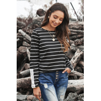 Black Striped Long Sleeve Top with Lace Button Detail