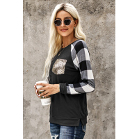 Black Plaid Splicing Sequined Pocket Long Sleeve Top