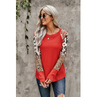 Orange Multi Print Color-block Sleeves Waffle Knit Top