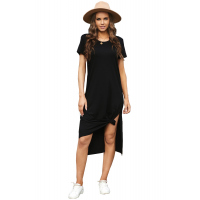 Black Casual Short Sleeve T-shirt Midi Dress with High Splits