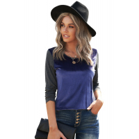 Dark Blue Round Neck Color Block Velvet Pleated Long Sleeve Top