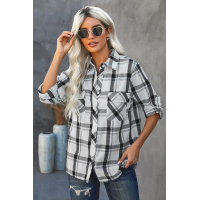 Plaid Curved Hem Pocket Tab-Sleeve Shirt 