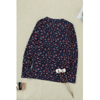 Navy Button V Neck Long Sleeve Floral Top