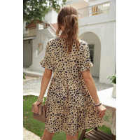 Leopard V Neck Ruffled Mini Dress with Buttons