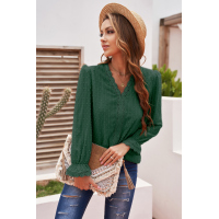 Green Elegant V-Neck Swiss Dot Lace Blouse