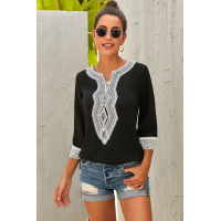 Black Summer Boho Embroidered V Neck Loose Blouse