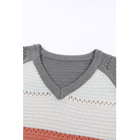 Gray Stripe Print Knitted V Neck Top