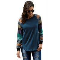 Color Block Long Sleeves Navy Pullover Top