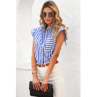 Sky Blue Striped Buttoned Ruffled Sleeve Blouse