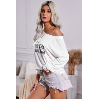 White Off Shoulder Letter Print Long Sleeve Top