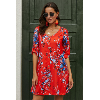 Orange V Neck 3/4 Roll Sleeve Button Floral Dress