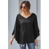 Black V-Neck Bowknot Three-Quarter Sleeve Blouse