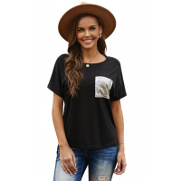 Sequin Pocket Black Short Sleeve T-shirt