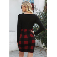 Red Plaid Splicing Ruched Black Long Sleeve Mini Dress