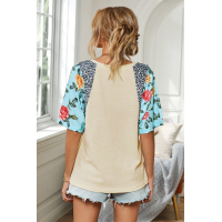 Blue Floral Leopard Half Sleeve Waffle Top