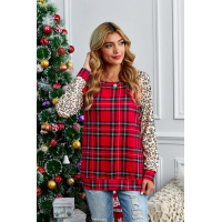 Red O-Neck Leopard Sleeve Plaid Splicing Blouse