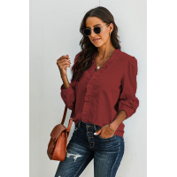 Wine Long Sleeves Ruffles Blouse