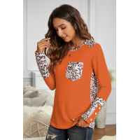 Orange Leopard Splicing Long Sleeve Top with Button Details