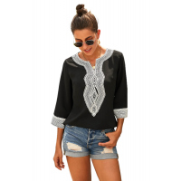 Black Summer Boho Embroidered V Neck Loose Blouse