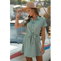 Green Polka Dot Shirt Collar Short Sleeve Mini Dress