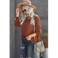 Brown Billowed Sleeve Thermal Knit Top