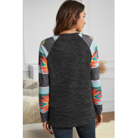 Gray Aztec Print Pocket Long Sleeve Top