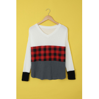 Red Plaid Color Block V Neck Long Sleeve Top