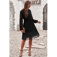 Black Crew Neck Long Sleeve Polka Dot Ruffle Lace Midi Dress