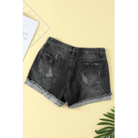 Distressed Ripped Rolled Hem Black Denim Shorts