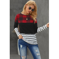 Red Plaid Splicing Striped Color Block Long Sleeve Top