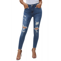 Blue Hollow Out Vintage Skinny Ripped Jeans