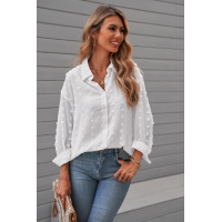 White Long Sleeve Button Fuzzy Polka Dot Shirt