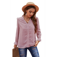 Pink Elegant V-Neck Swiss Dot Lace Blouse