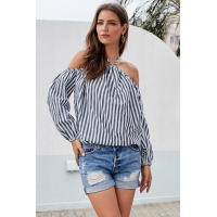 Gray Striped Off Shoulder Halter Blouse