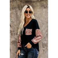 Sequin Splicing V Neck Bishop Sleeves Top